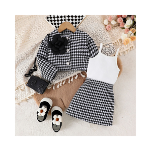 Winter Girls Clothes Houndstooth 3D Flower Cardigan Solid Color <b>Suspender</b> Plaid Short Skirt 3PCS Girls <b>Set</b> Children's Clothing - Product Image 1