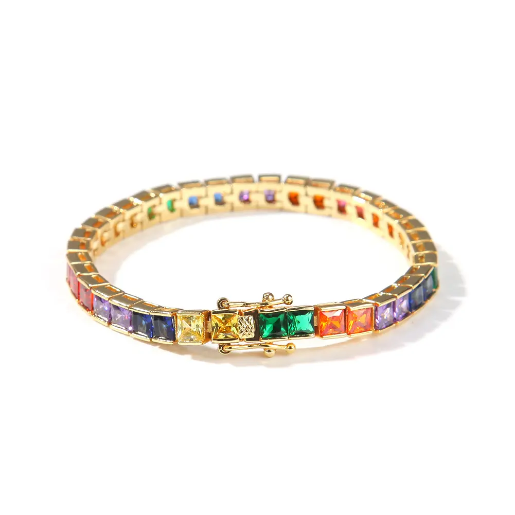 Pure Silver 14-18cm Tennis Bracelet Pave 5mm square Bling Rainbow Zircon Beautiful Jewelry For Women men