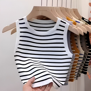 Gilet Estivo da Donna con Scollo a O <span class=keywords><strong>Senza</strong></span> Maniche a Righe, Gilet in Maglia Slim Monocolore Casual Quotidiano da Donna Versatile - Product Image 1