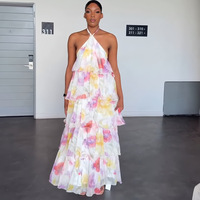Robe longue en cachemire à imprimé floral, style européen-américain, nouvelle collection Afrique 2026, dos nu, sans manches, coupe étagée