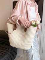 Tas Selempang Anyaman Tali Seagrass & Kain Warna Solid Buatan Tangan, Kapasitas Besar, Tahan Air, Model Buka-Tutup