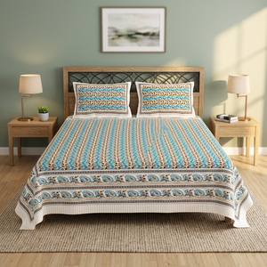 Beau drap de lit Double taille imprimé Barmeri avec 2 taies d'oreiller en vrac 100% qualité d'exportation coton Rajasthani bloc à main imprimé - Product Image 2