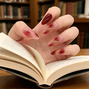 <span class=keywords><strong>Faux</strong></span> <span class=keywords><strong>ongles</strong></span> amande en plastique ABS, couleur <span class=keywords><strong>bordeaux</strong></span> dégradé avec feuille d'or, amovibles, à couverture complète, prêts à poser, pour femmes, usage professionnel - Product Image 2