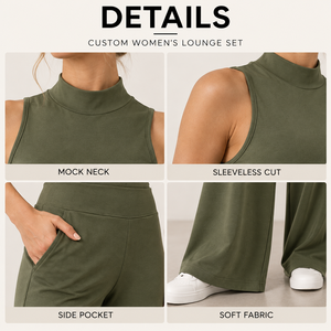 Conjunto de Dos Piezas Personalizado para Mujer, Sin Mangas, Cuello Alto, Pantalones de Pierna Ancha de Cintura Alta, para Relajarse en Casa y Actividades al Aire Libre - Product Image 5
