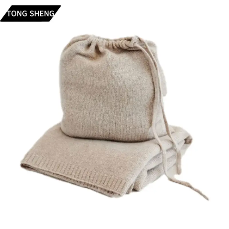 Custom Knitted 100% Pure Cashmere Mongolia Blanket Drawstring Bag Luxury Alpaca Merino Baby Wool Cashmere Throw Blanket Knit