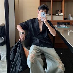 Chemise d'été décontractée pour homme en popeline infroissable, col carré long, style coréen vintage, mélange de coton, couleur unie, manches courtes - Product Image 2