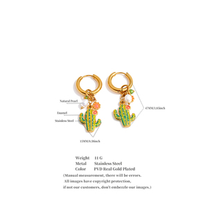 <span class=keywords><strong>Orecchini</strong></span> pendenti JINYOU 1001 in acciaio inossidabile smaltato a forma di <span class=keywords><strong>cactus</strong></span>, placcati oro, con perle simulate e fiore a cerchio. - Product Image 6