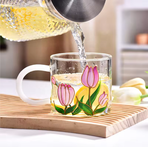 Taza de Vidrio para <span class=keywords><strong>Leche</strong></span> y Café con Diseño de Tulipanes Pintados a Mano, de Alta Calidad, Moderna, de Lujo Ligero, con Logotipo Personalizable, para Hogar, Restaurante y Hotel - Product Image 2