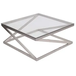 Glass Top Square Bàn Cà Phê Chải Nickel Kết Thúc Glass Chrome Bàn Cà Phê