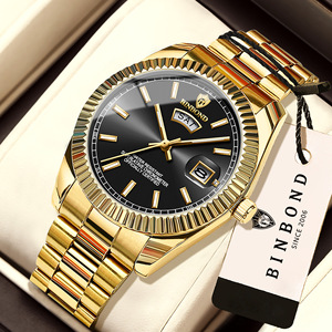 Reloj de Cuarzo de Lujo para <span class=keywords><strong>Hombre</strong></span>, Dorado, 40 mm, Bisel Estriado, Fecha, Doble Pantalla, Luminoso, Resistente al Agua 30 m, Acero Inoxidable - Product Image 1