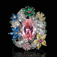 Bague imposante et colorée en zircone cubique, coupe ovale, grand cluster de fleurs en CZ, style jardin, bijoux de déclaration pour mariage et fête