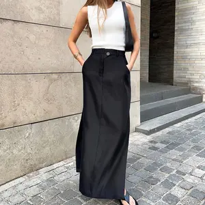 Wholesale Black Cotton Silk Long Skirt 2022 Autumn Split High Waist Temperament Commuter Drape European and American Skirt