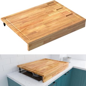 Tabla de Cortar de Madera Maciza de 82x60 cm, Rectangular, Multifuncional, con Cubierta para Fregadero de Cocina y Bandeja de Drenaje - Product Image 4
