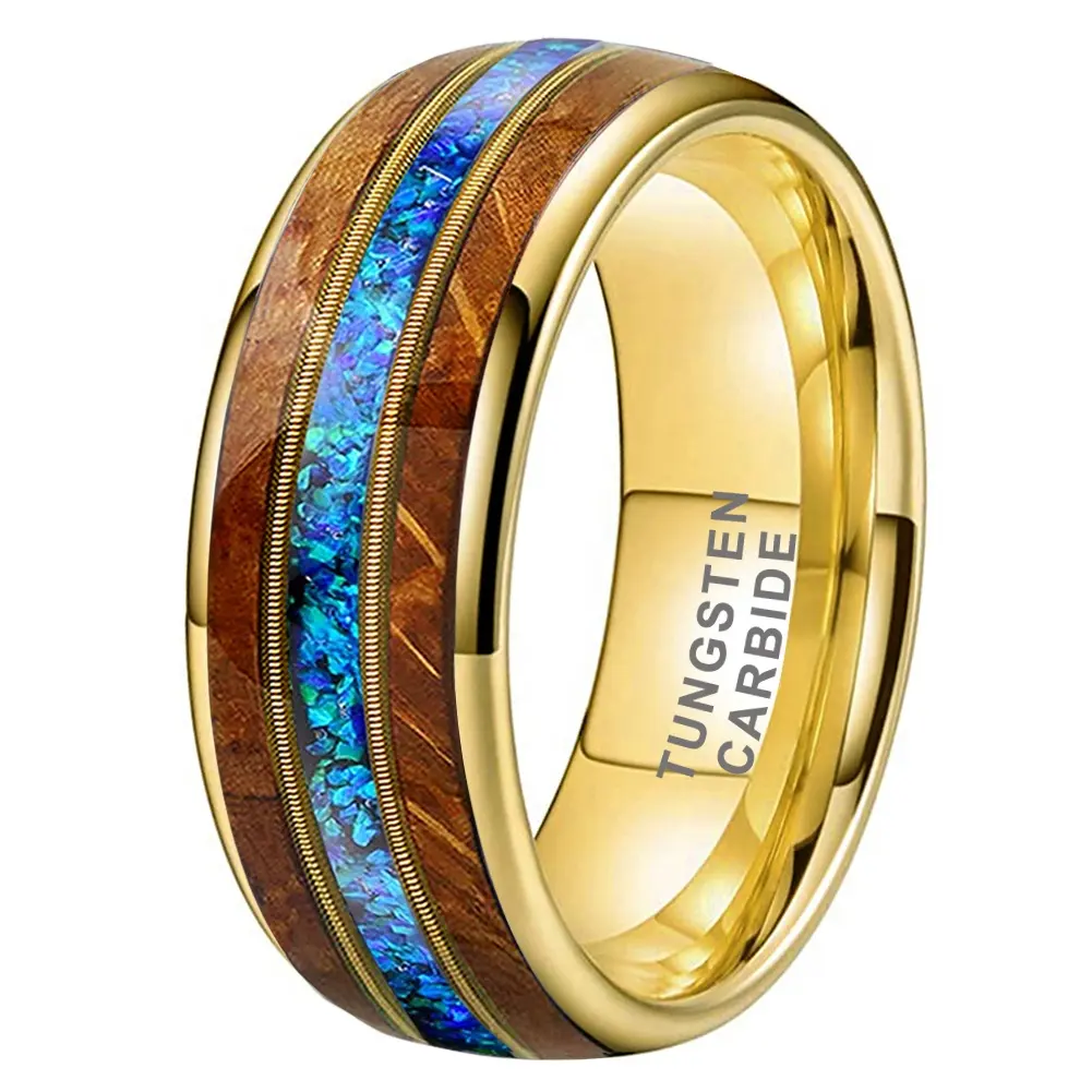 Coolstyle Jewelry 8mm Whisky Wood Guitar String Blue Opal Inlay Gold Tungsten Ring for Men Women Fashion Engagement Wedding Band