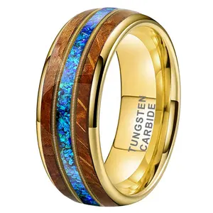 Coolstyle Jewelry 8mm Whisky Wood Guitar String Blue Opal Inlay anello in tungsteno dorato per uomo donna fede nuziale di fidanzamento di moda