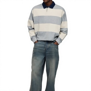 Polo en tricot rayé à manches longues pour homme, design décontracté bicolore, boutons sur le devant, gris beige marine, col - Product Image 5