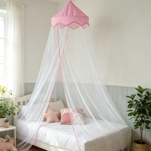 Kelambu Tempat Tidur Lipat Warna Pink, Model Gantung, Berbahan Tulle Dome dengan Renda Bergelombang, Cocok untuk Semua Musim, untuk Kamar Tidur Bayi dan Anak Perempuan - Product Image 1