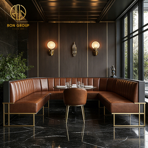 Canapé de <span class=keywords><strong>restaurant</strong></span> de luxe commercial en marbre rond et cuir marron, banquette demi-cercle, table et chaise pour café - Product Image 4