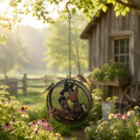 Mangeoire à oiseaux ronde en fer forgé antique avec ornement floral, chaîne de suspension, résistante à l'eau et à la rouille, pour jardin extérieur