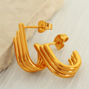 ต่างหูห่วงรูปตัวยูทรงเรขาคณิต โลหะผสมสังกะสี เครื่องประดับแฟชั่นสำหรับผู้หญิง ดีไซน์แบบติดหูรูปวงรี ต่างหูแบบเส้นหลายชั้น - Product Image 2