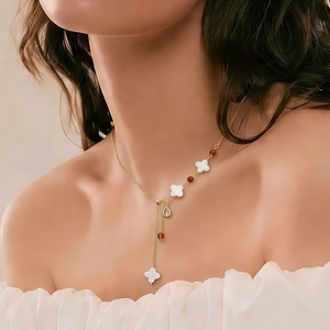 Collier Lariat Trèfle en Aquamarine Naturelle 2026, Forme en Y, Agate, Zircon, Plaqué <span class=keywords><strong>Or</strong></span> 18K, Acier Inoxydable CL26-149 - Product Image 2