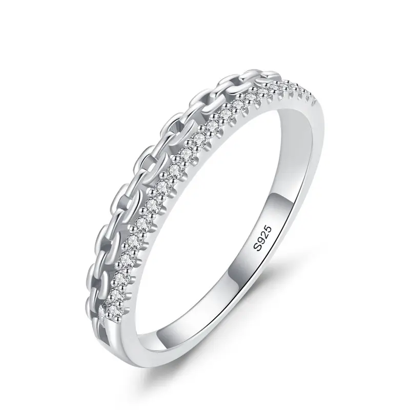 Sparkling Micro Pave Cubic Zirconia Ring Stackable Double Layer 925 Sterling Silver Chain Ring for Women Girls