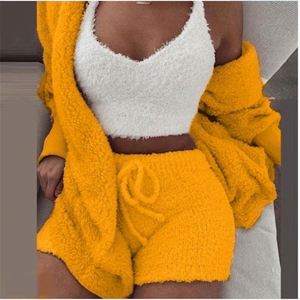 K1050 Conjuntos de Pijamas de Tallas Grandes para Mujer, 3 Piezas, de Felpa Sólida, con Cuello en V, Capucha, Sexy, Cintura Elástica, Pantalones Cortos, Casual, Primavera, con Estampado de Letras - Product Image 3