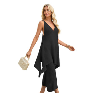 Ensemble haut et pantalon tricotés sans manches pour femmes, couleur unie, décontracté, pour l'été et le printemps - Product Image 2