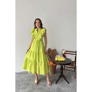 Vestido Verde Oliva con Volantes, Corte en A, Cintura Natural, Tejido Transpirable, Informal, para Uso Diario - Product Image 6