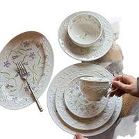 Assiette et Bol en Céramique Style Français Vintage à Motifs Floraux en Relief, Vaisselle pour Desserts, Plats Occidentaux et Soupes, Compatible Micro-ondes