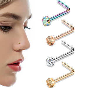 Pin de Nariz de acero inoxidable en forma de L de circón arcoíris de oro rosa de 2,5mm, venta al por mayor, anillo de Piercing de nariz para mujeres y hombres para boda - Product Image 1