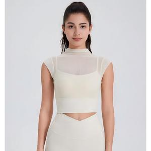 Wholesale Women's Mesh <b>Mock</b> <b>Neck</b> 2 in 1 Yoga <b>Top</b> Slim Fit Built-in Bra Crop <b>Top</b> High Stretch Breathable Athletic Pilates Shirt - Product Image 1