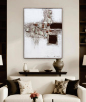 Art mural en toile texturée abstraite moderne-Peinture géométrique marron et blanche pour la décoration du salon
