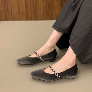 520-5Women's Large Size Mary Jane Flats Otoño Primavera Verano Collection One-Word Rhinestone Decor Square Toe Slip-On - Product Image 1