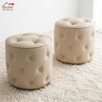 Tabouret Rond Beige de Luxe en Cuir Véritable Capitonnée de Haute Qualité pour Chambre et Salon, Idéal pour se Préparer et Se Changer de Chaussures