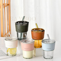 Tasse vintage en bambou, design épuré, verre à eau ambré épais avec couvercle, paille et manchon de protection