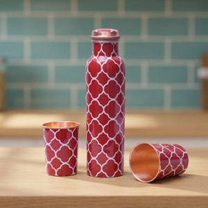 Enamel Copper Water Bottle Round Metal Flask with Lid and Cup Pattern <b>Drinkware</b> for Home Office Travel Gift - Indian Home Crafts - Product Image 4