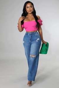 Think 2022, diseñador de marca, pantalones vaqueros rectos de pierna ancha para <span class=keywords><strong>mujer</strong></span>, pantalones vaqueros con agujeros <span class=keywords><strong>rotos</strong></span> de Hip Hop, pantalones vaqueros rasgados de cintura alta, pantalones vaqueros - Product Image 5