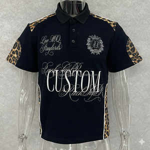 T-shirt <span class=keywords><strong>Polo</strong></span> Personalizzata 100% Cotone Pesante Vestibilità Ampia con Ricamo Patch Occhielli Bordatura Stampa Leopardata Serigrafia a Blocchi - Product Image 1