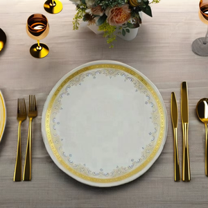 Assiette de présentation en porcelaine haut de gamme, écologique, à motif, avec dentelle dorée, pour entrée et mariage, en céramique, pour usage domestique, vente en gros - Product Image 3