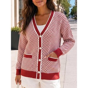 Cárdigan de punto personalizado para mujer, cuello en V, con botones, bolsillos, ribete en contraste, estilo clásico, ropa exterior. - Product Image 2