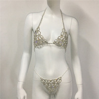 Jsn9202346 Bikini Set Met Diamant Klauw Ketting Sling Ondergoed Sexy Bikini Dames Holle Doorzichtige Bh Body Chain