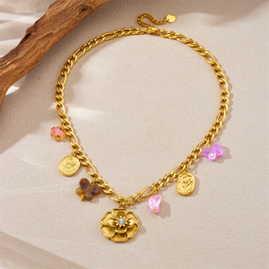 Fashionable Butterfly Camellia Pendant Chain Gold Plated Stainless Steel Necklace Gift Jewelry - Product Image 3