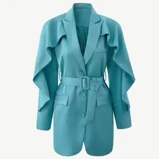 Light blue original belt long ladies blazer elegant and fashionable ladies blazer suitable for young women