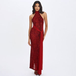 Robe longue imprimée à col halter avec dos transparent, robe de soirée dos nu, taille naturelle - Product Image 5