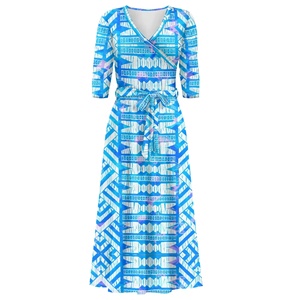 Elegante Vestido Maxi Azul Claro Estampado para Mujer, Casual, de Verano, para Fiesta, Talla Grande, Sexy, con Cuello en V, Manga 3/4, con Bolsillos - Product Image 4