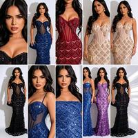 Robes de soirée luxueuses à sequins, épaules dénudées et dos nu pour femmes, robes de fête élégantes sans manches