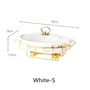 New product gold oval shape casserole marble ceramic buffet soup pot with iron stand