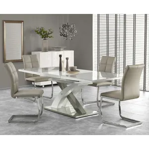Conjunto de mesa de comedor con patas de acero inoxidable, muebles modernos de lujo, MDF, extensión de mariposa, alto brillo, color blanco