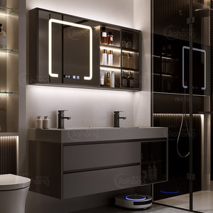 New modern smart storage <b>mirror</b> cabinet gray washbasin hot curved integrated basin defogger function - Product Image 5